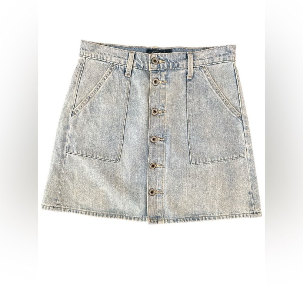 Lucky Brand A-Line Denim Mini Skirt Button Front Light Wash Festival Boho Size 8